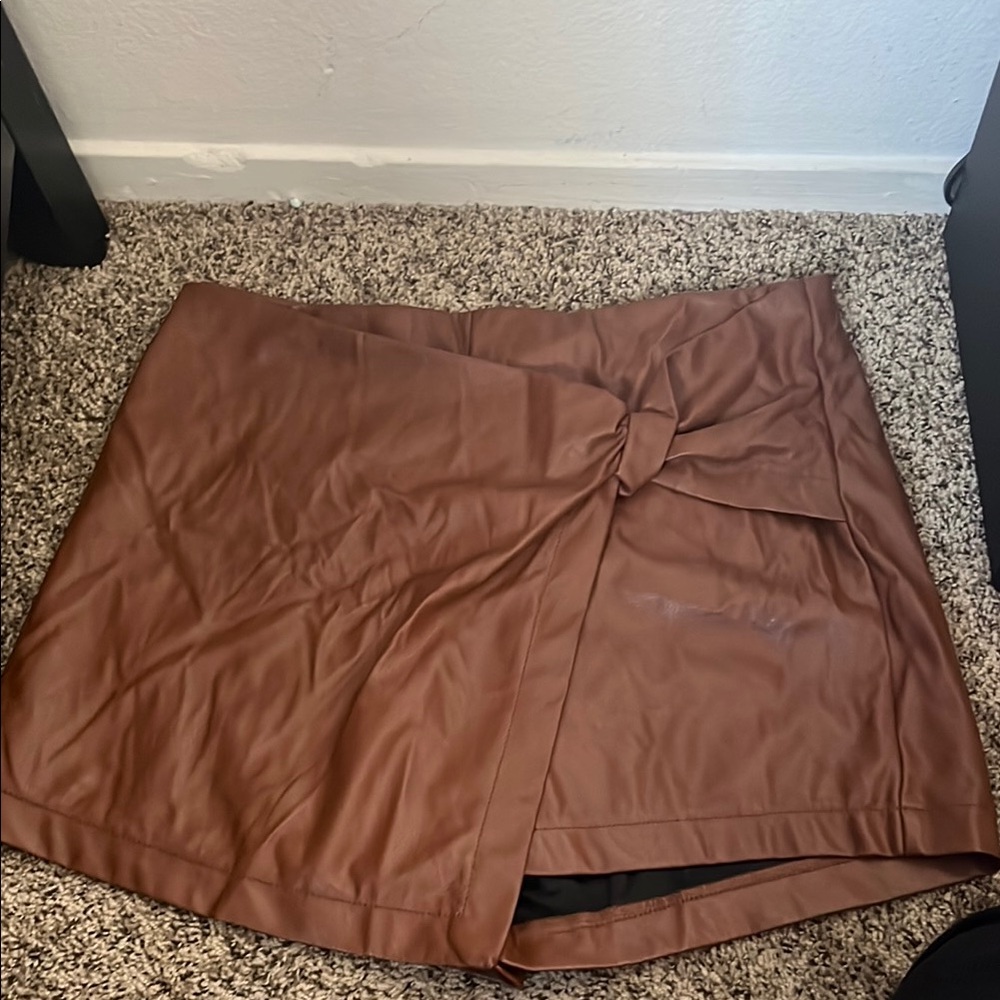 Brown Faux Leather Skirt with Bow Detail